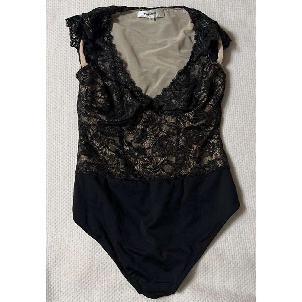 Popilush Lace Bodysuit Black Nude Illusion Shapewear Top Size Medium